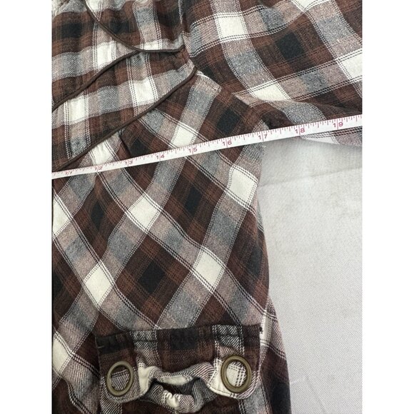 Vintage Y2K Fusion Denim Medium Mocha Brown Plaid Bomber Jacket Grunge Academia - Picture 6 of 8
